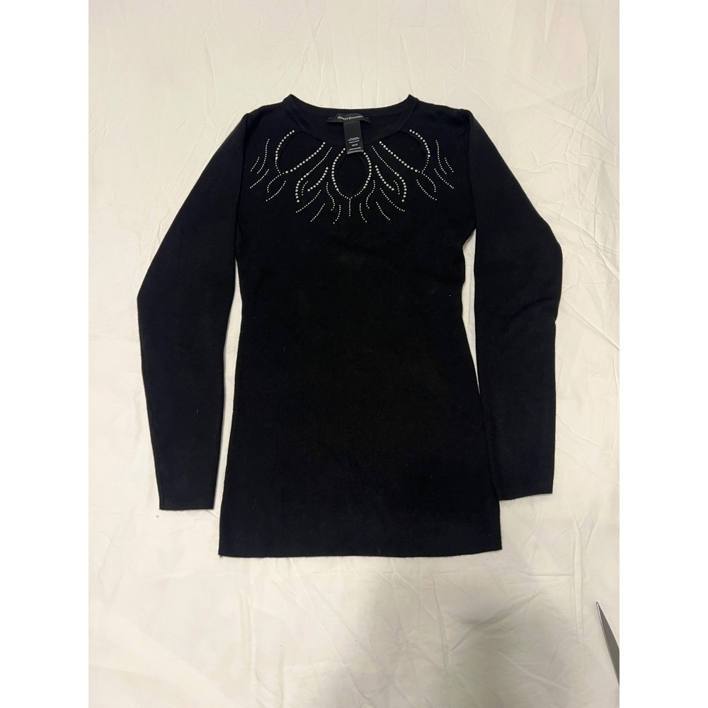 Ashley Stewart Black Rhinestone Cut Out Long Sleeve Ribbed Knit Top 10/12
